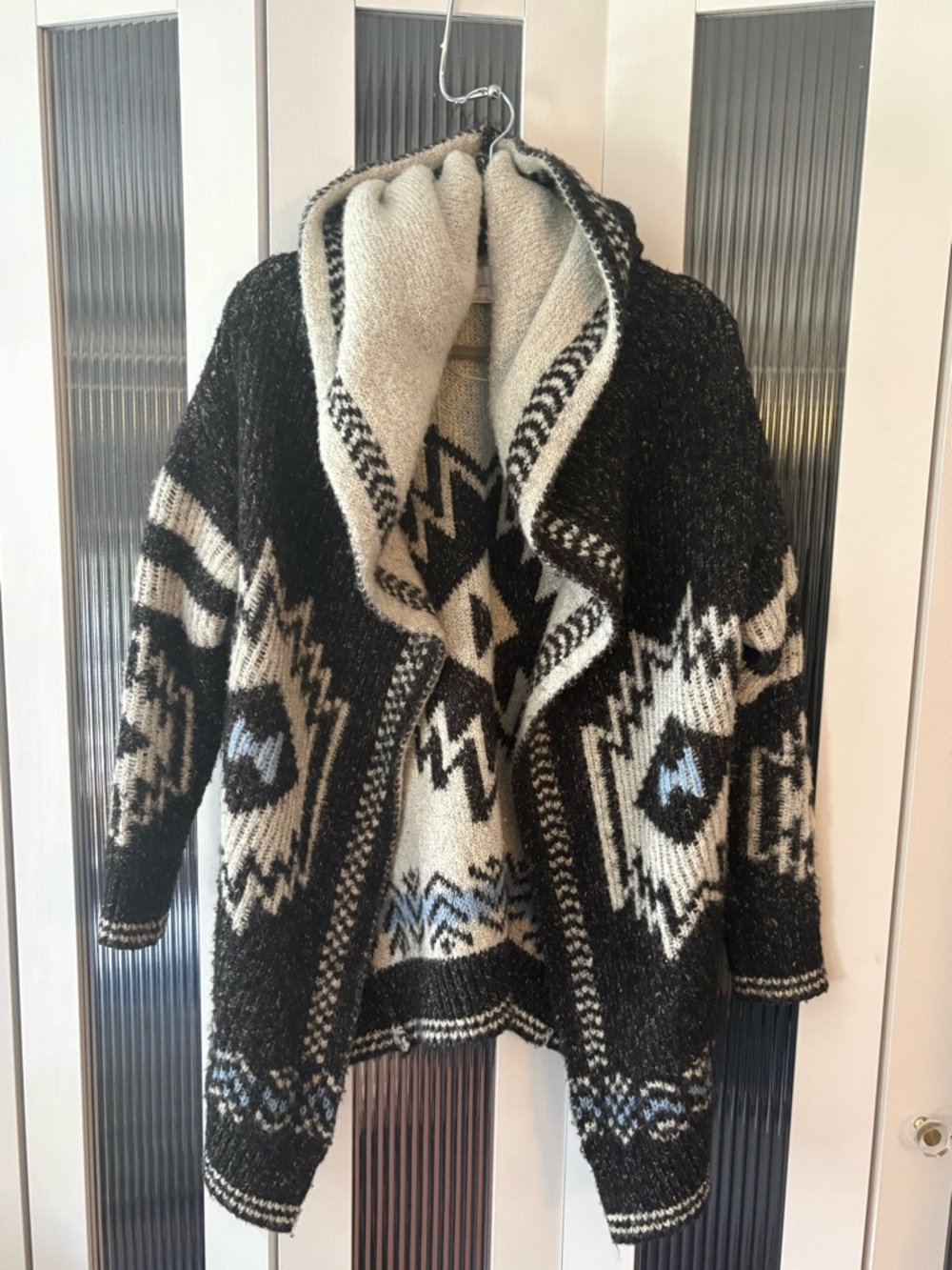 Anthropologie Black and Cream Knit Cardigan with Textured Trim
